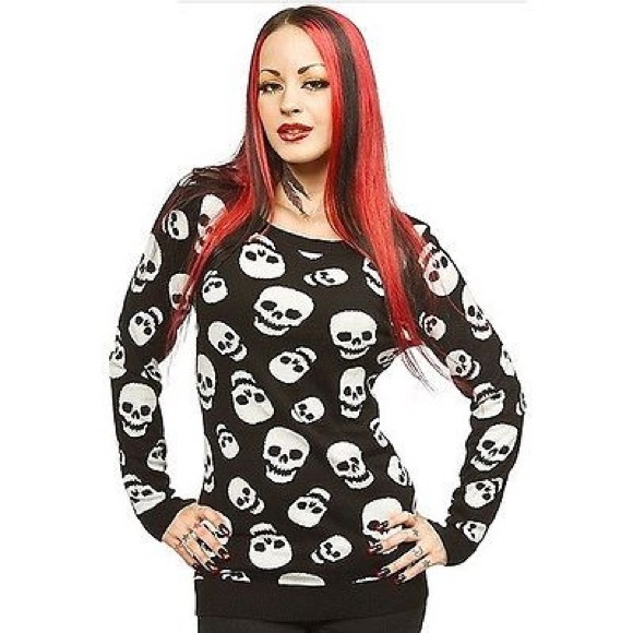 Sourpuss Tops - Sourpuss Black & White Skull Long Sleeve Knit Sweater